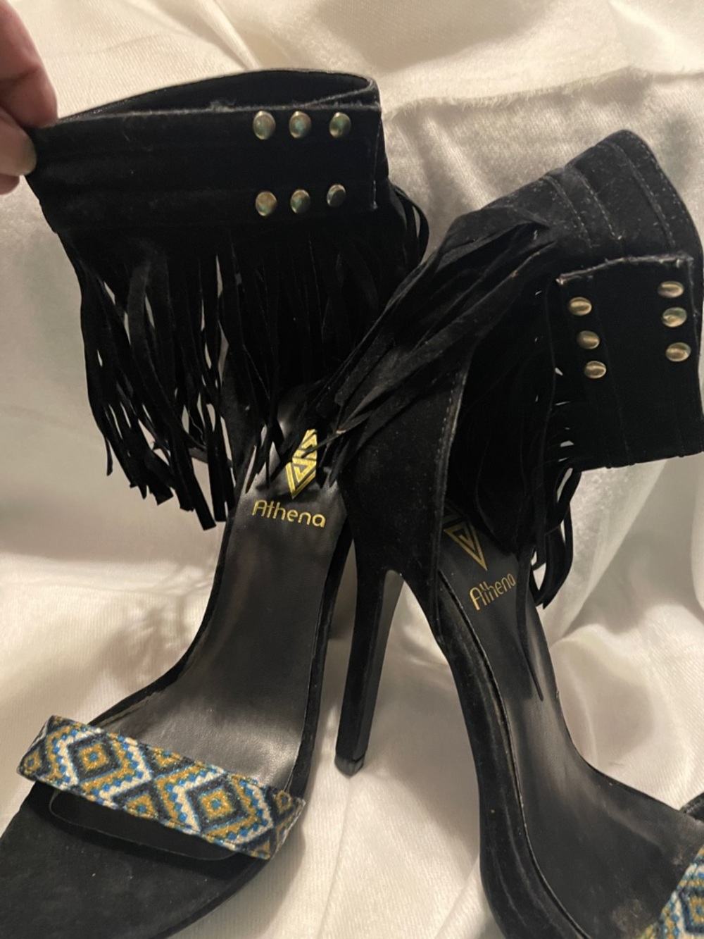 Athena Black Fringe Stiletto Sandals with Beaded Toe Strap